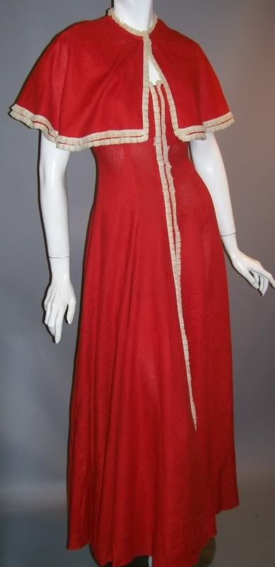 Dorotheas Closet Vintage Dress 40s Gown Red Linen Rayon Lace Trimmed Capelet 2436